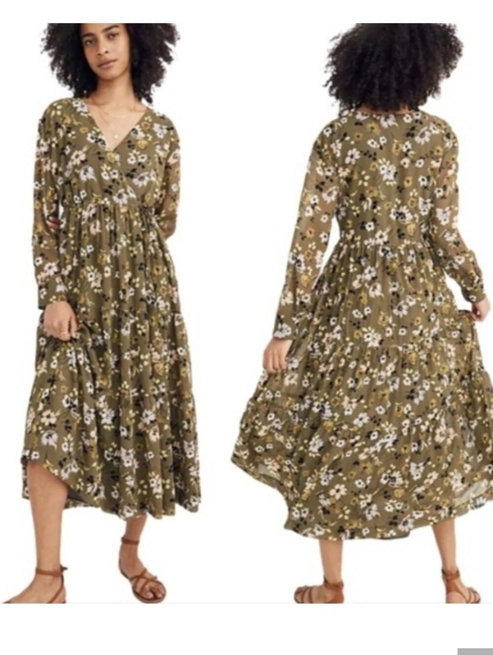 Madewell Cinch-Waist Tiered Midi Dress In Wildblooms Olive Green Floral Size S